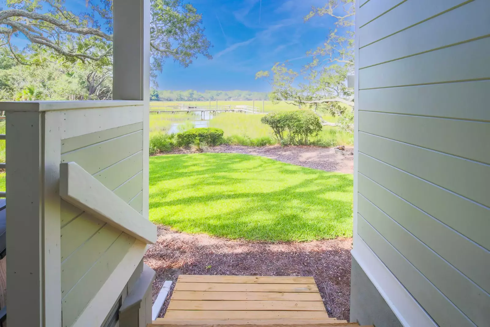 There is a stairwell that takes you from the covered deck down to the grass behind the Shelter Cove Villas.