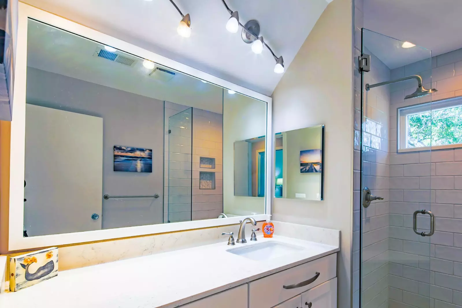 The renovated bathroom is very spacious.