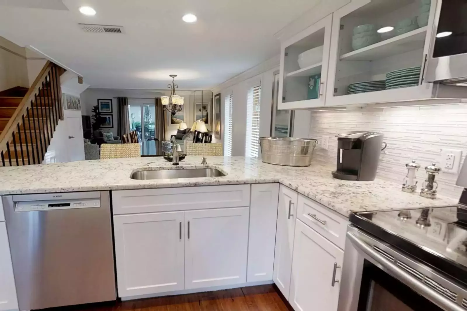 Beautiful granite counters, tile and flooring