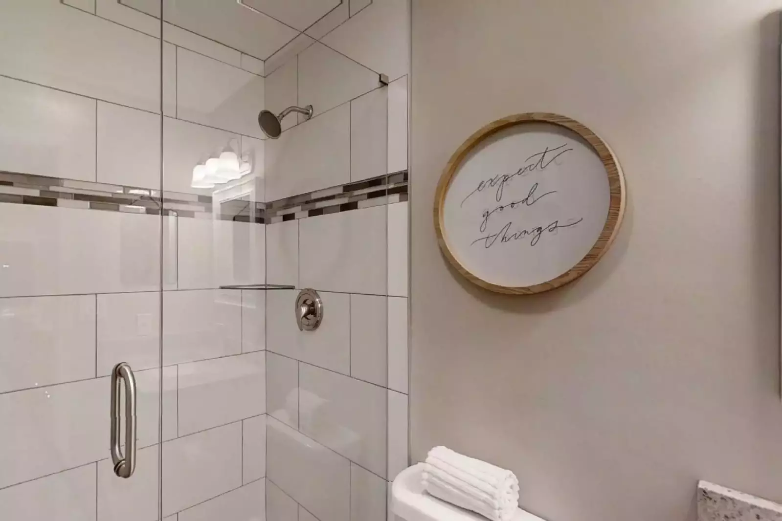 Guest bath with lovely tiled walk-in shower