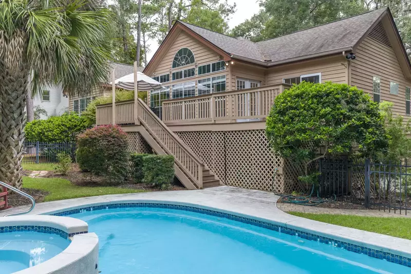 The large deck in the back of the house.