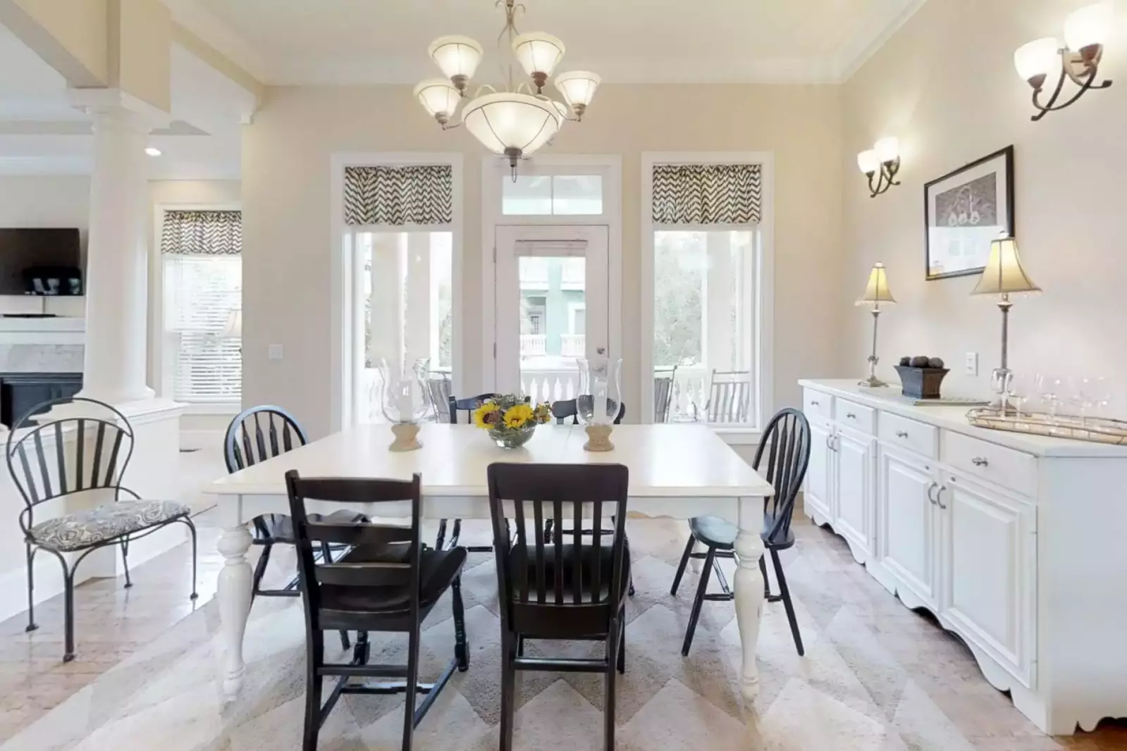 The large wooden table seats 8