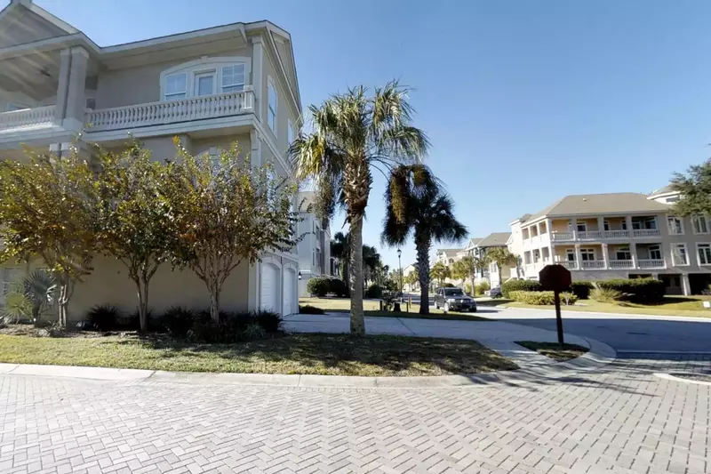 Picturesque palm trees line the streets.