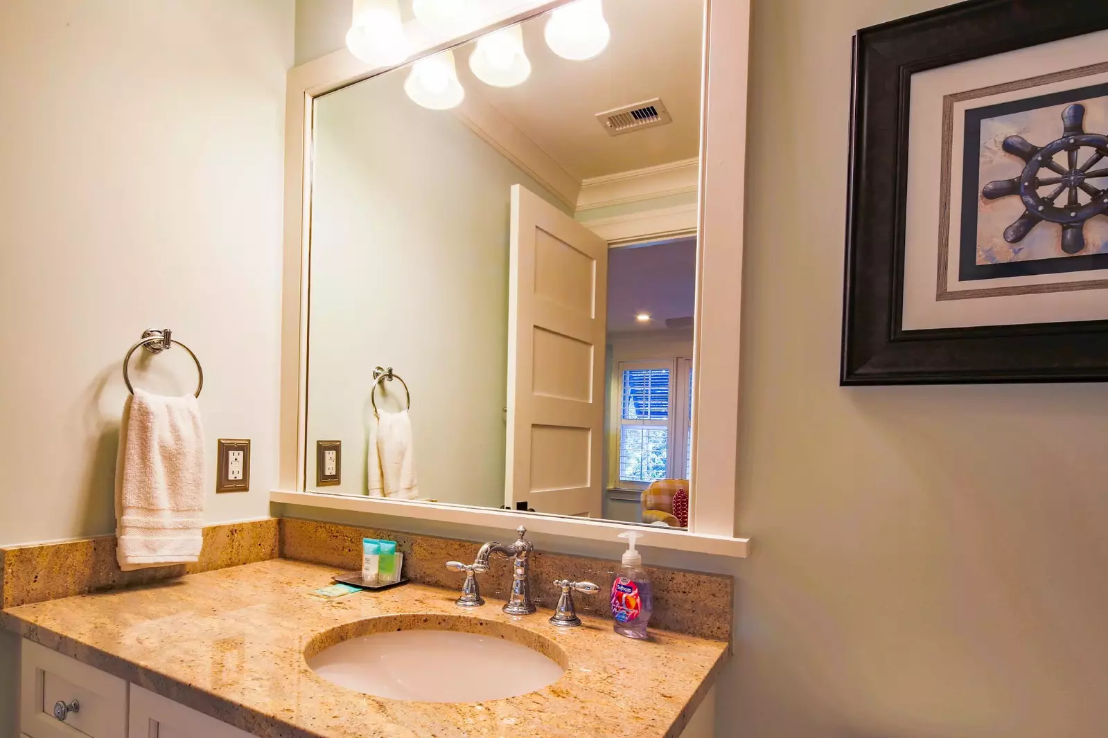 The en suite bathroom for the nautical twin bedroom has this spacious vanity.