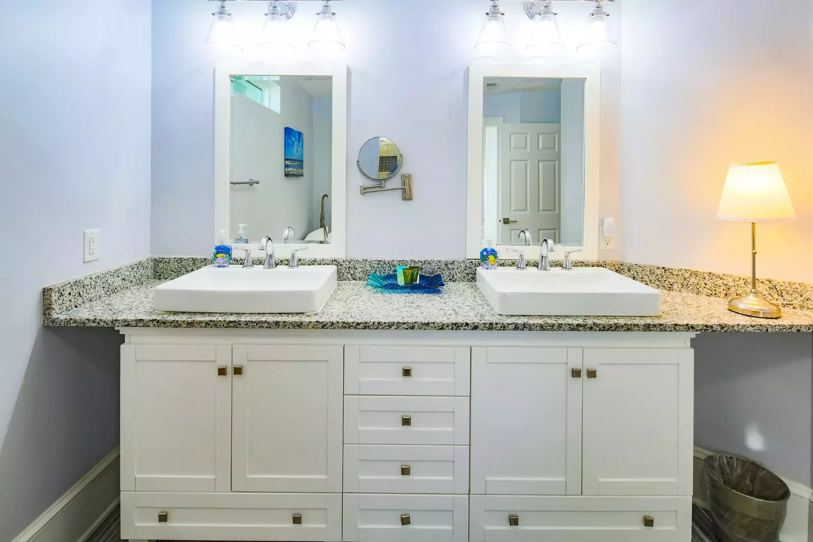 The master bathroom has a spacious, double sink vanity.