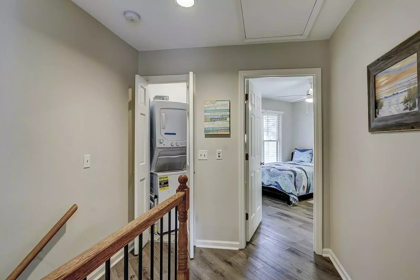 Stackable washer and dryer located on the second level