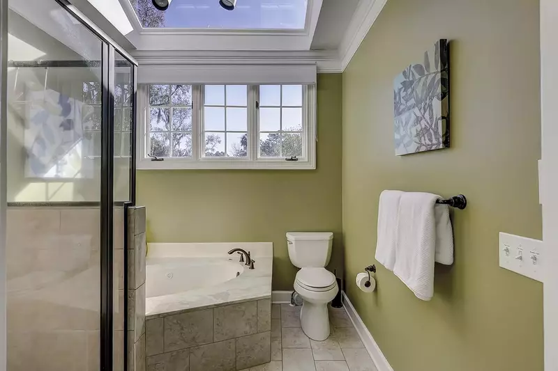 Primary ensuite bath with large soaking Tub.