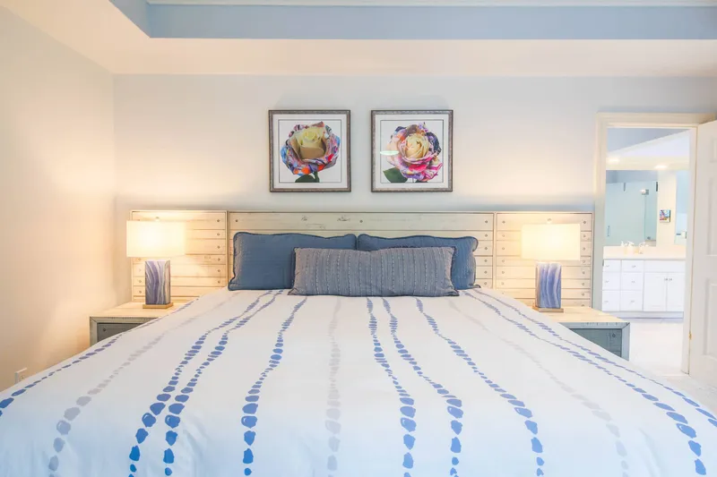 The primary suite, with a king bed, is located on the ground floor of the home.