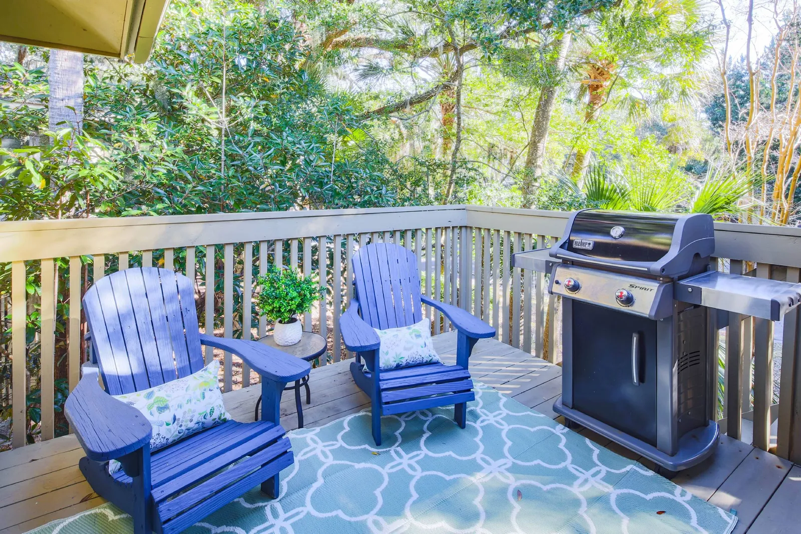 The back deck has a gas BBQ grill and two adirondeck chairs.