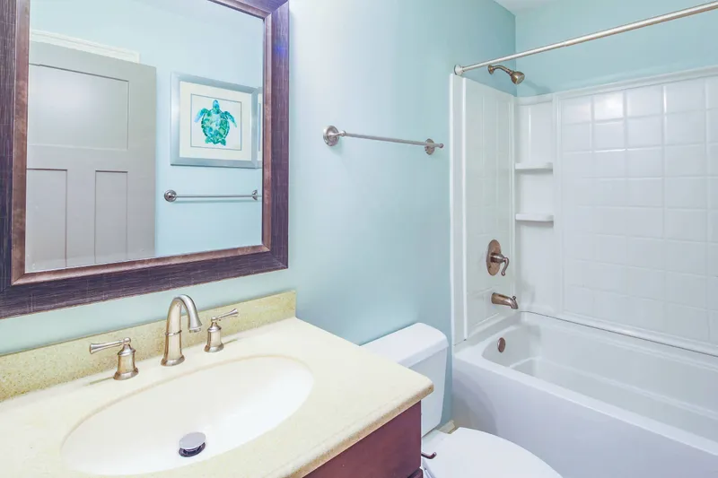 The hallway bathroom features a vanity and shower/tub combo.