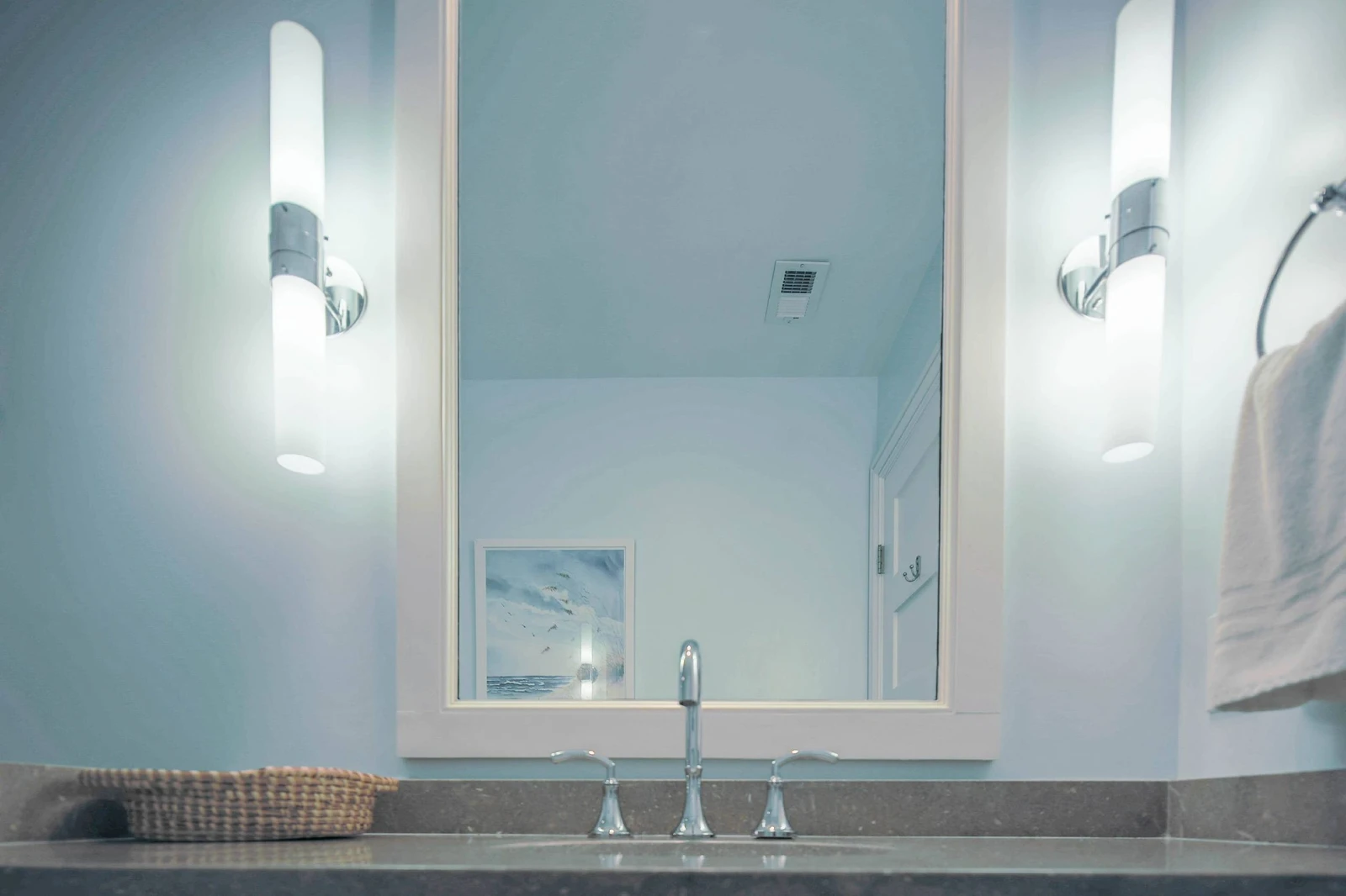 The hallway bathroom features a spacious vanity.