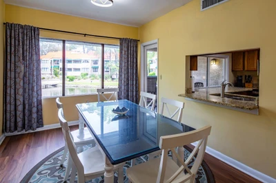 The dining room features lagoon views.