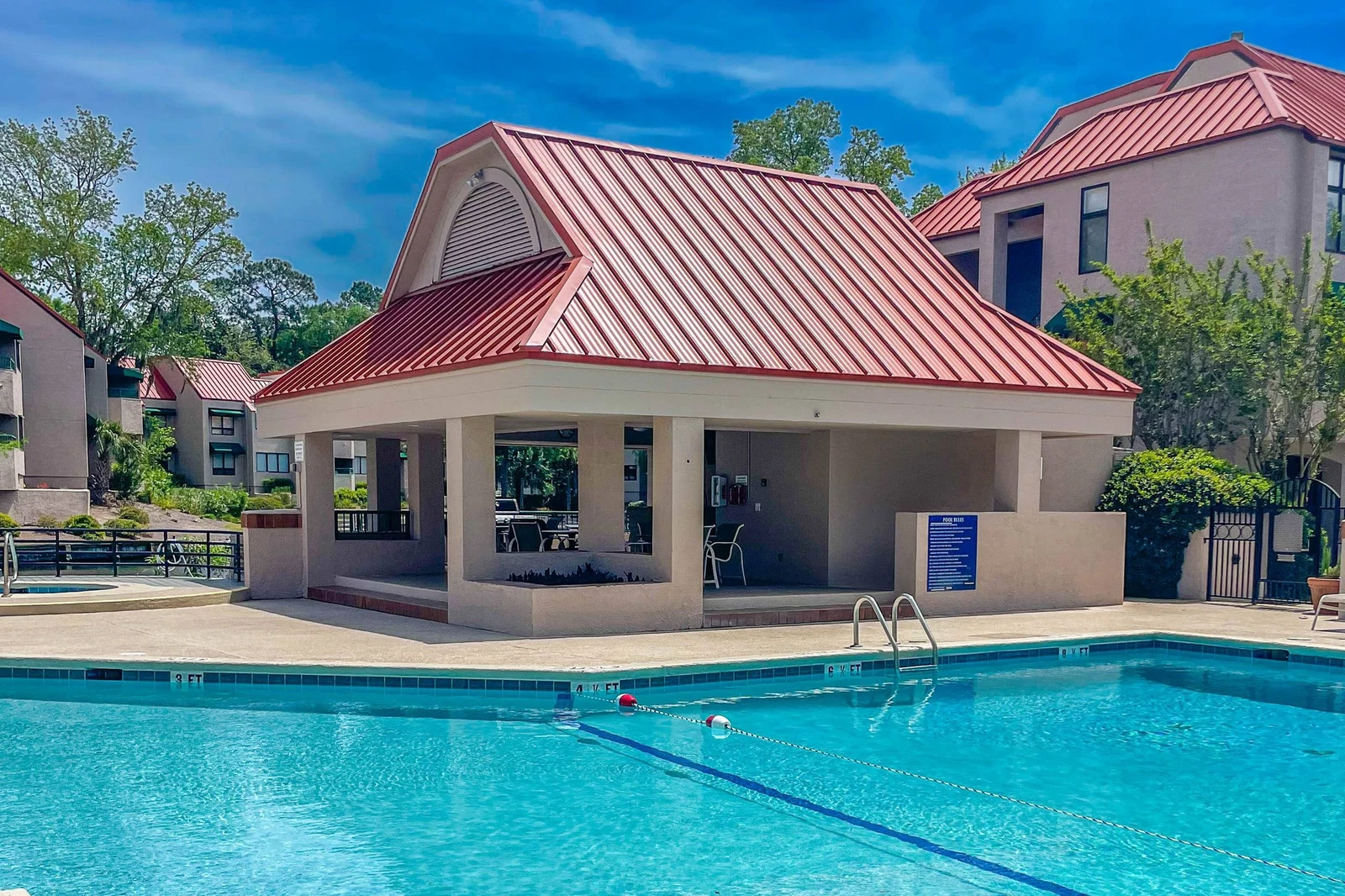 There is also a covered area near the community pool and hot tub if you need a shady retreat.