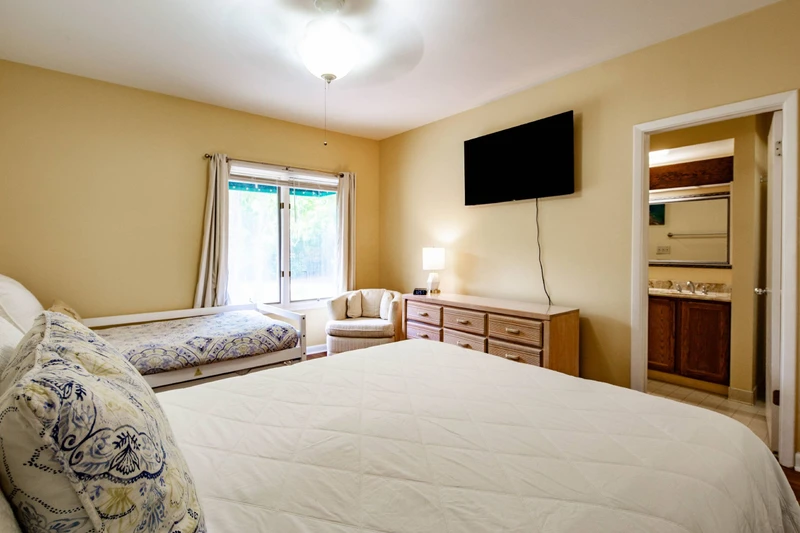 There is a dresser, arm chair, wall-mounted smart TV and en suite bathroom in the guest suite.