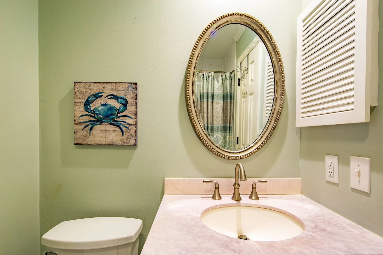 The hallway bathroom features a vanity and medicine cabinets.