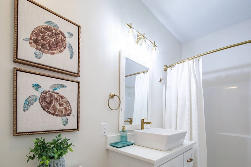 This hallway bathroom is also accessible from the guest bedroom.