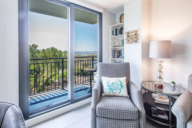 The living room also features ocean views.