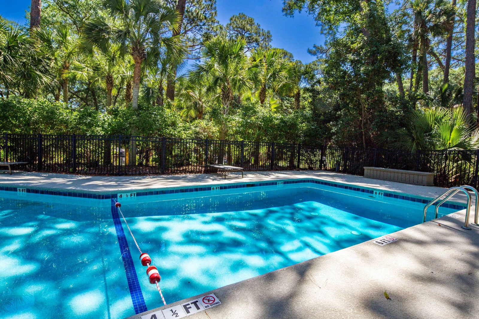 The community pool is shaded by the trees that surround the pool.